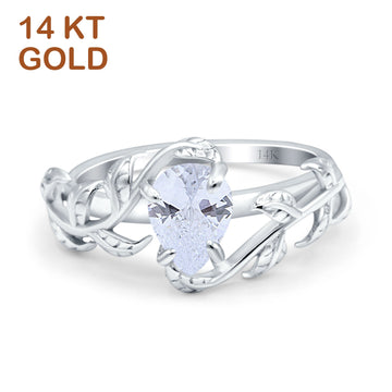 14K White Gold Art Deco Leaves Pear Vintage Style Bridal Ring Simulated Cubic Zirconia Wedding Engagement Ring